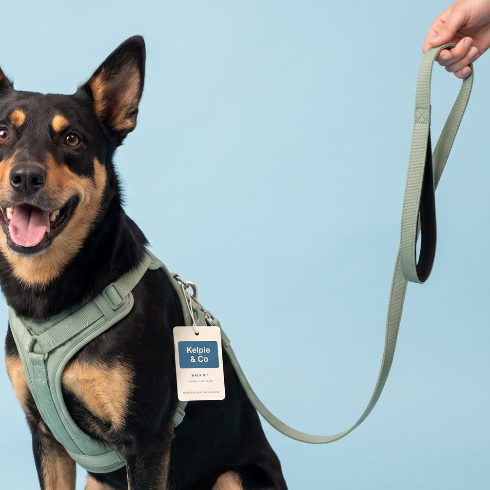 A kelpie in the sage harness